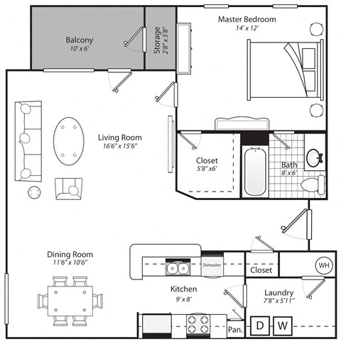 Floor plan for 1 bed, 1 bath, 975 sqft